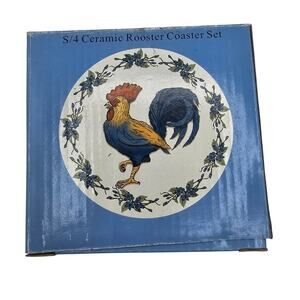 Set of 4 Vintage Ceramic Rooster Drink Coasters Farm Animals